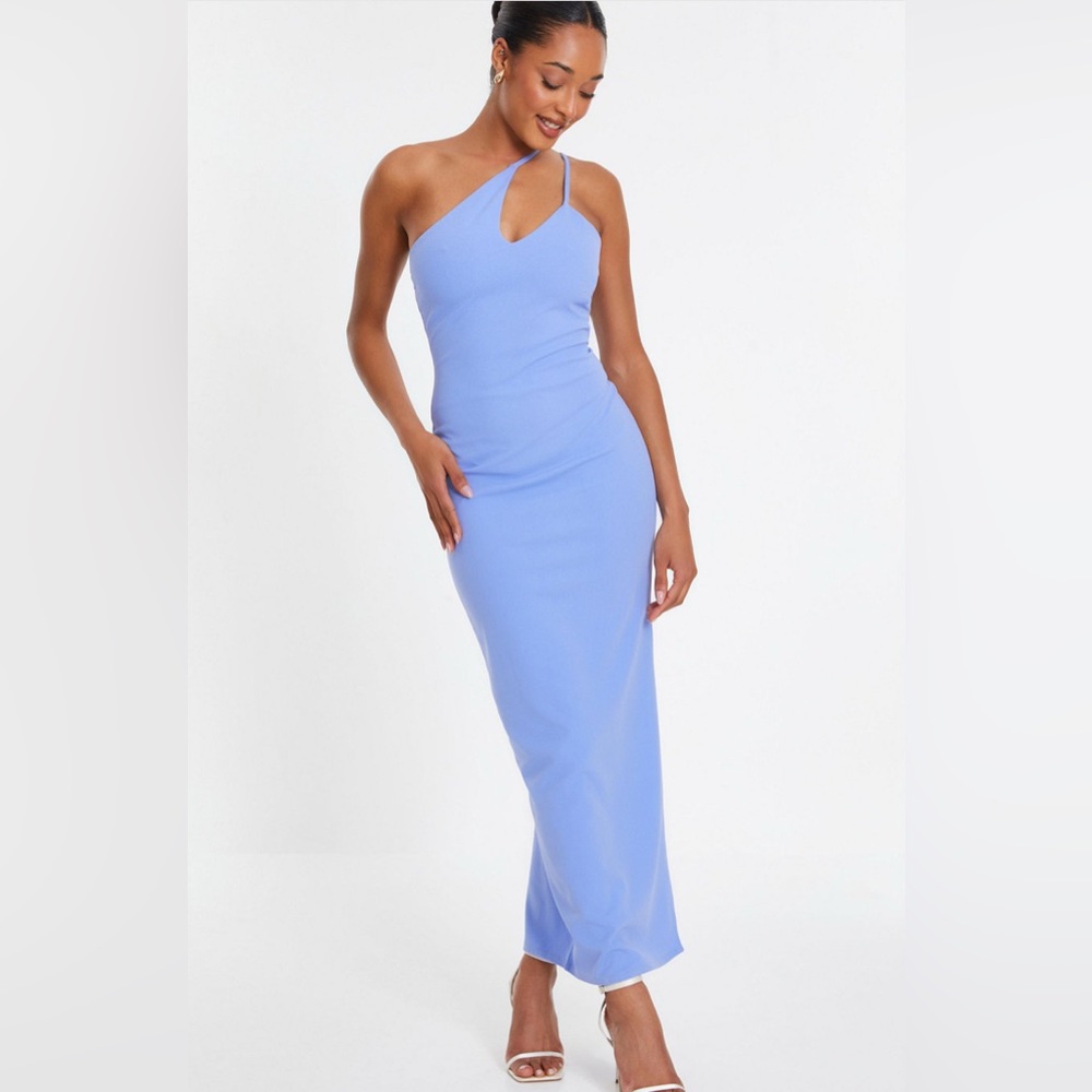 Blue Ribbed One-Shoulder Bodycon Dress